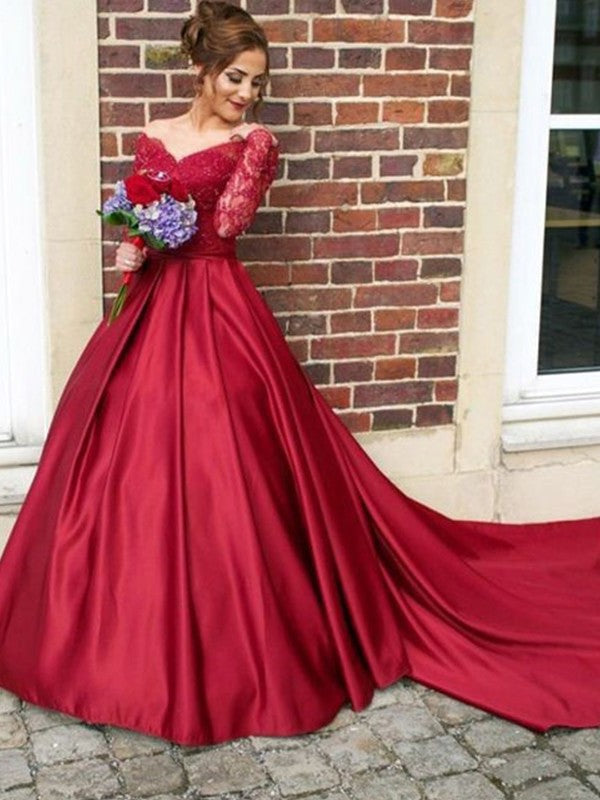 Train Sweep/Brush Long A-Line/Princess V-neck Sleeves Lace Satin Dresses