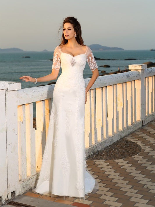 Sleeves Short Sweetheart Sheath/Column Long Satin Applique Beach Wedding Dresses