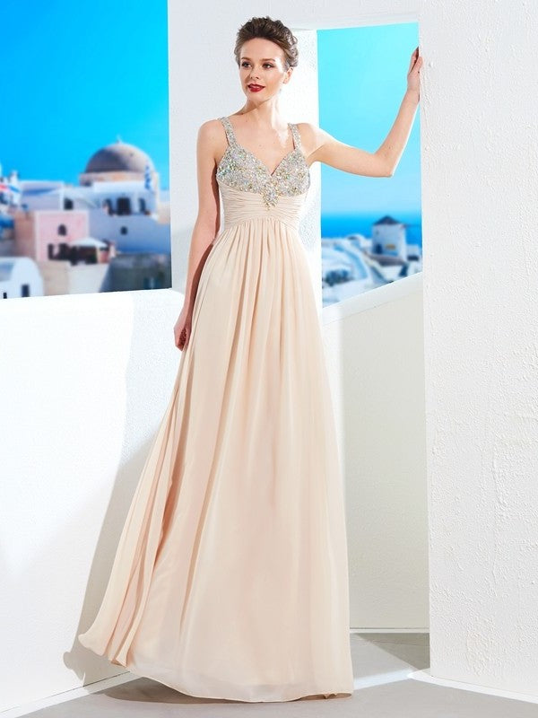 Straps Spaghetti A-Line/Princess Beading Floor-Length Chiffon Dresses