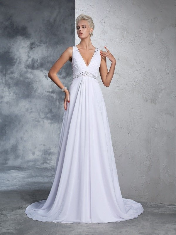 Sleeveless Beading Long V-neck A-Line/Princess Chiffon Wedding Dresses