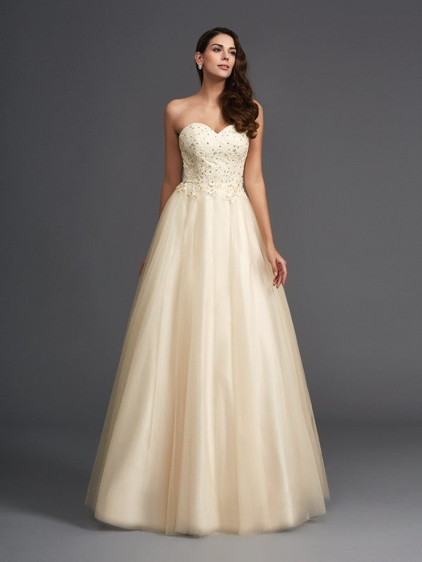 Sweetheart Sleeveless A-Line/Princess Beading Long Net Dresses