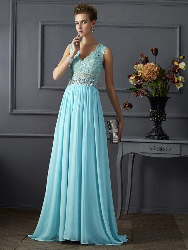 A-Line/Princess Beading Lace Straps Sleeveless Long Chiffon Dresses