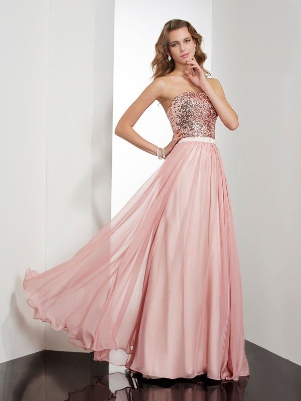 A-Line/Princess Paillette Sleeveless Strapless Long Chiffon Dresses