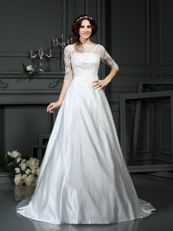 Lace 1/2 Long Sleeves A-Line/Princess Bateau Satin Wedding Dresses