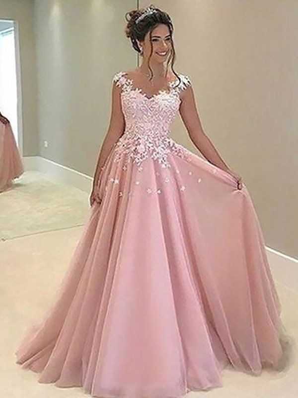 Floor-Length Sleeveless A-Line/Princess Sweetheart Applique Tulle Dresses