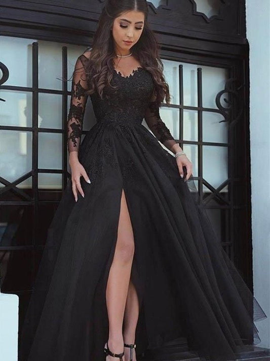 Ball Floor-Length Off-the-Shoulder Long Sleeves Gown Tulle Applique Dresses