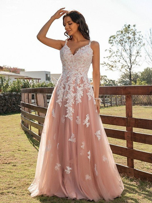 Tulle Applique V-neck A-Line/Princess Sleeveless Floor-Length Dresses