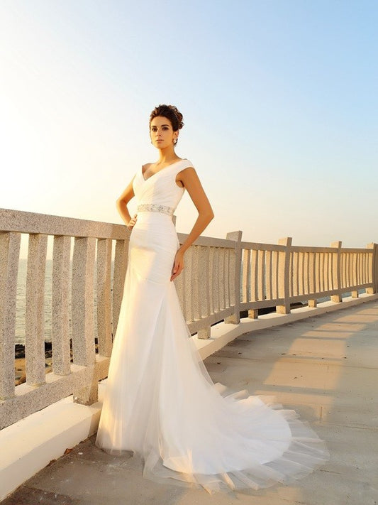 Net Pleats Sheath/Column Sleeveless V-neck Long Beach Wedding Dresses