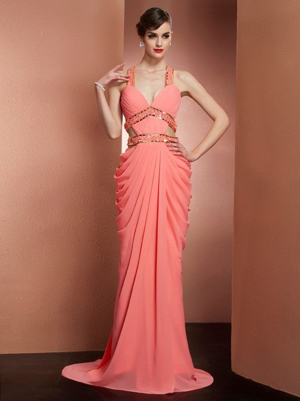 Sleeveless A-Line/Princess Beading Halter Long Chiffon Dresses