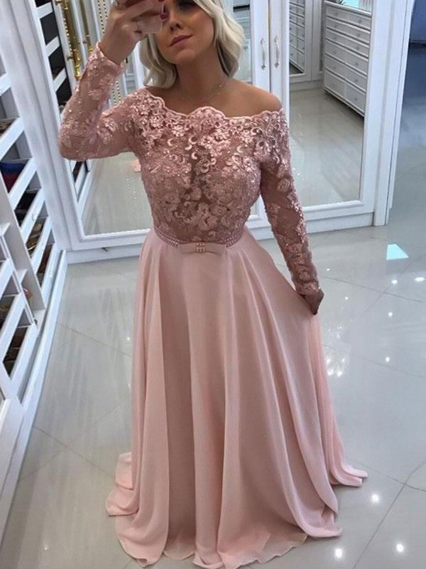 Bateau Long A-Line/Princess Floor-Length Sleeves Lace Chiffon Dresses