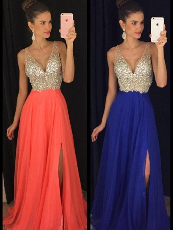 Sleeveless V-neck A-Line/Princess Beading Floor-Length Chiffon Dresses