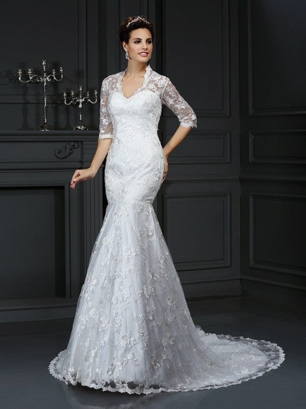 Lace Trumpet/Mermaid Sleeves V-neck Long 1/2 Lace Wedding Dresses