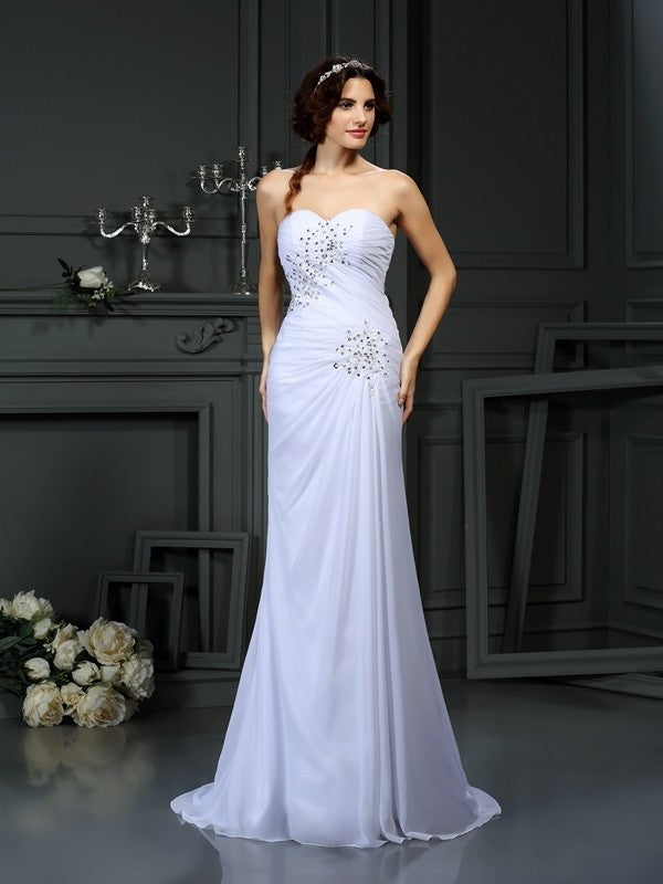 Sleeveless Sheath/Column Long Sweetheart Beading Chiffon Wedding Dresses