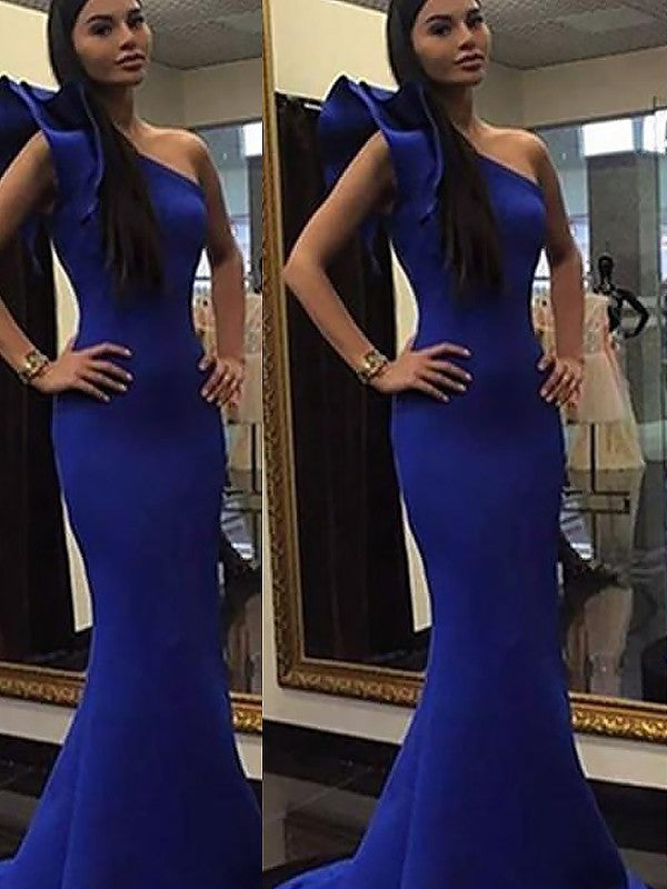 One-Shoulder Trumpet/Mermaid Sleeveless Sweep/Brush Train Ruffles Stretch Crepe Dresses