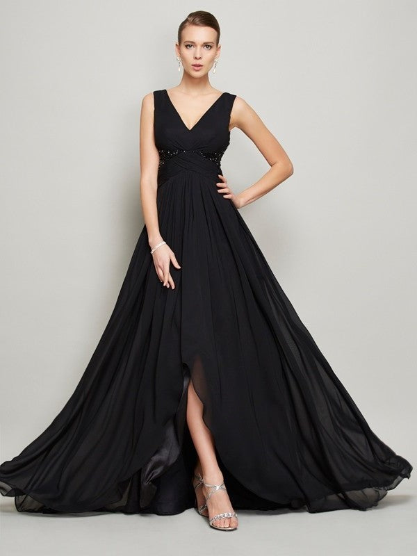 Beading Sleeveless A-Line/Princess V-neck Long Chiffon Dresses