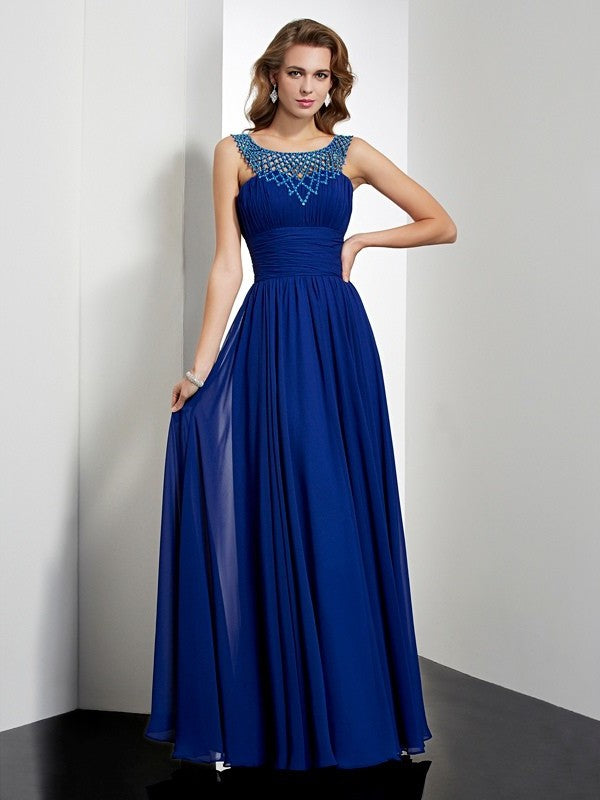 Beading Empire High Sleeveless Neck Long Chiffon Dresses