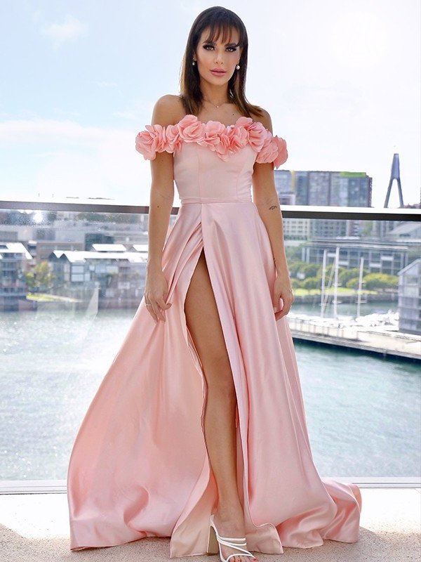 A-Line/Princess Off-the-Shoulder Satin Hand-Made Flower Sleeveless Sweep/Brush Train Dresses