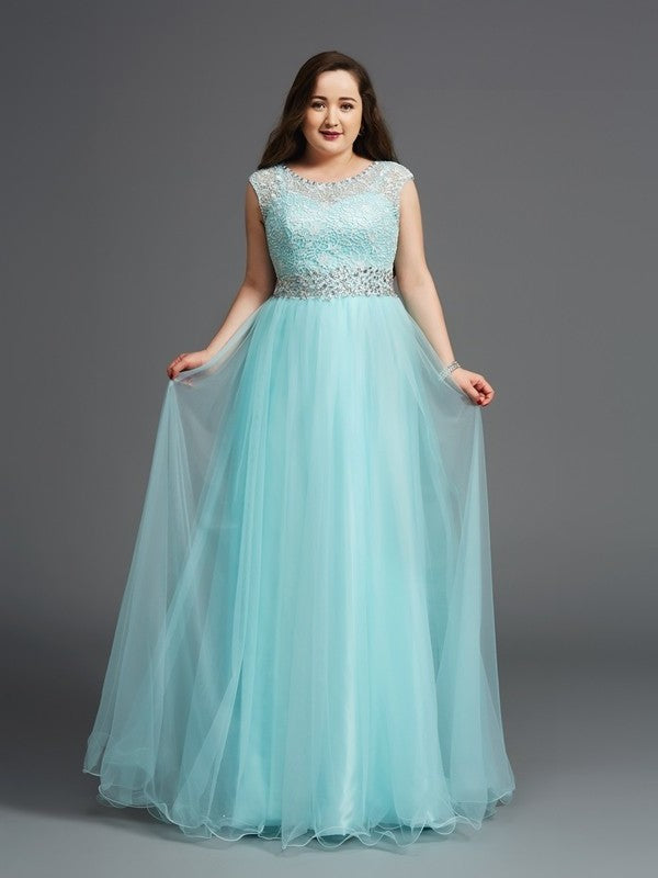 Sleeveless A-Line/Princess Tulle Rhinestone Scoop Long Plus Size Dresses