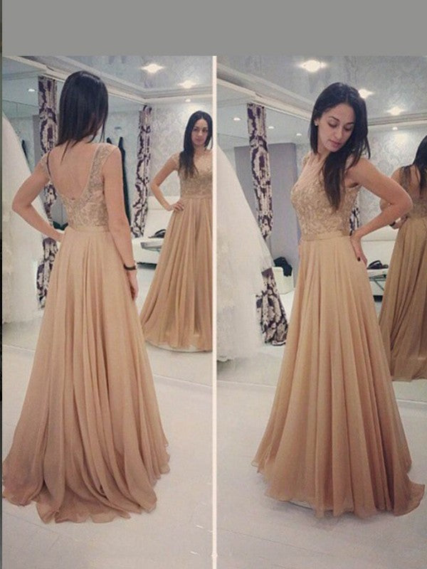 Sleeveless A-Line/Princess Scoop Applique Floor-Length Chiffon Dresses