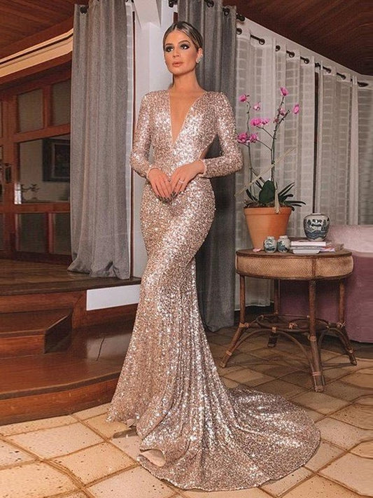 Sequins V-neck Trumpet/Mermaid Long Sleeves Sweep/Brush Train Ruffles Dresses