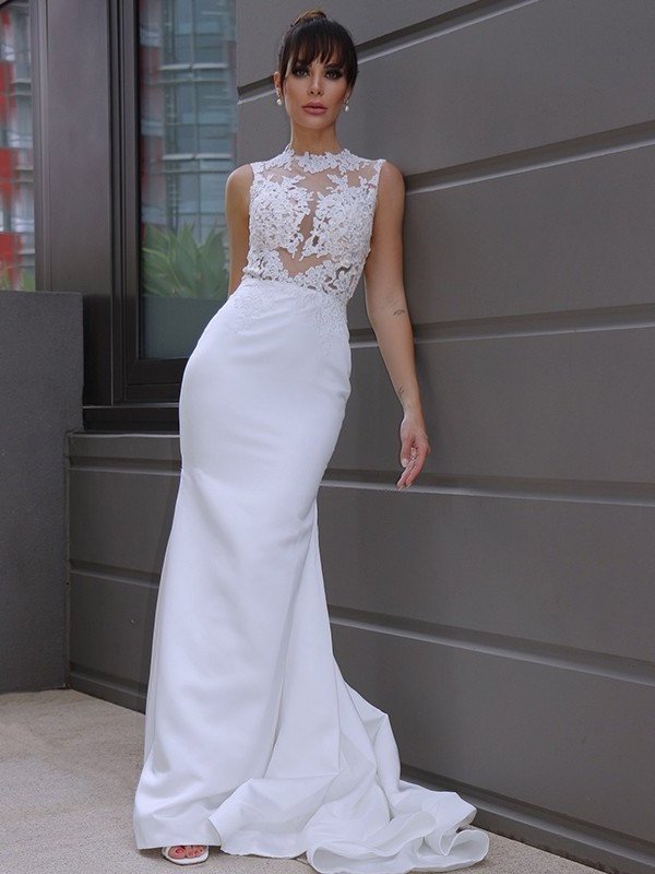 Court Sleeveless Satin Scoop Trumpet/Mermaid Applique Train Wedding Dresses