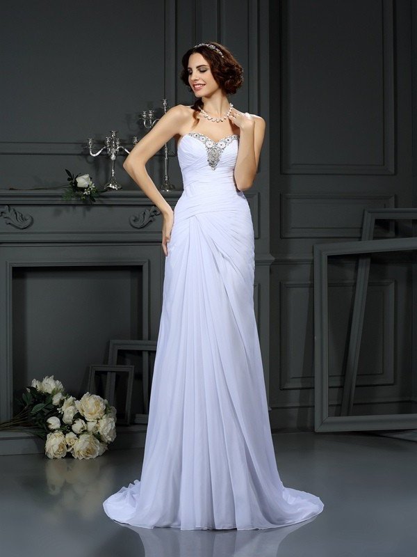 Sheath/Column Sleeveless Long Beading Sweetheart Chiffon Wedding Dresses