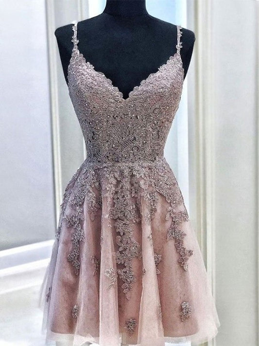 Straps Beading Spaghetti A-Line/Princess Sleeveless Tulle Short/Mini Homecoming Dresses