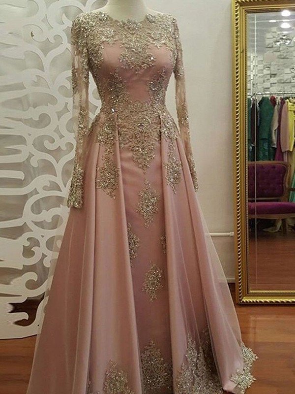 Floor-Length A-Line/Princess Sleeves Scoop Long Applique Tulle Muslim Dresses