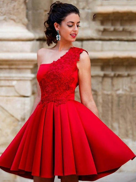 Satin One-Shoulder Sleeveless A-Line/Princess Applique Short/Mini Homecoming Dress