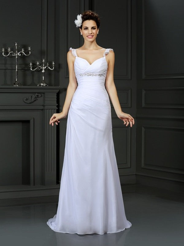 Straps Beading Long Sleeveless Trumpet/Mermaid Chiffon Wedding Dresses