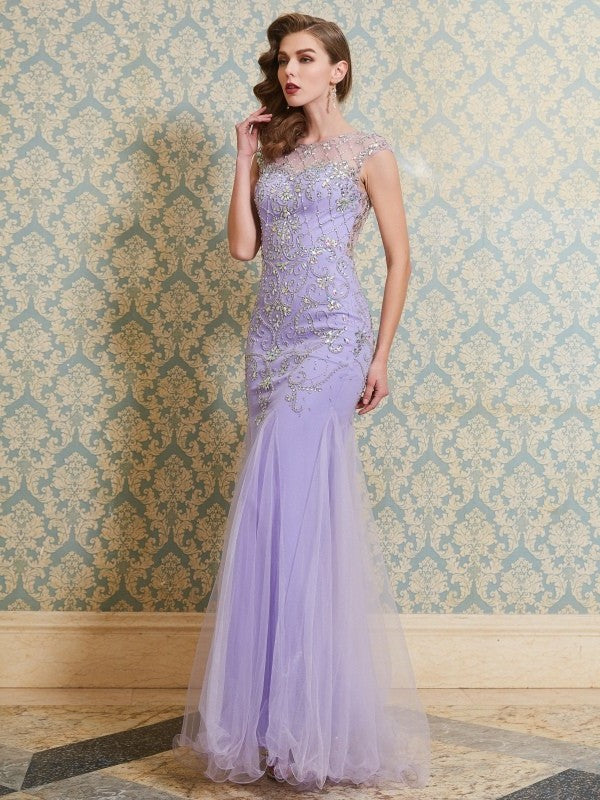 Beading Trumpet/Mermaid Sleeveless Scoop Floor-length Tulle Dresses