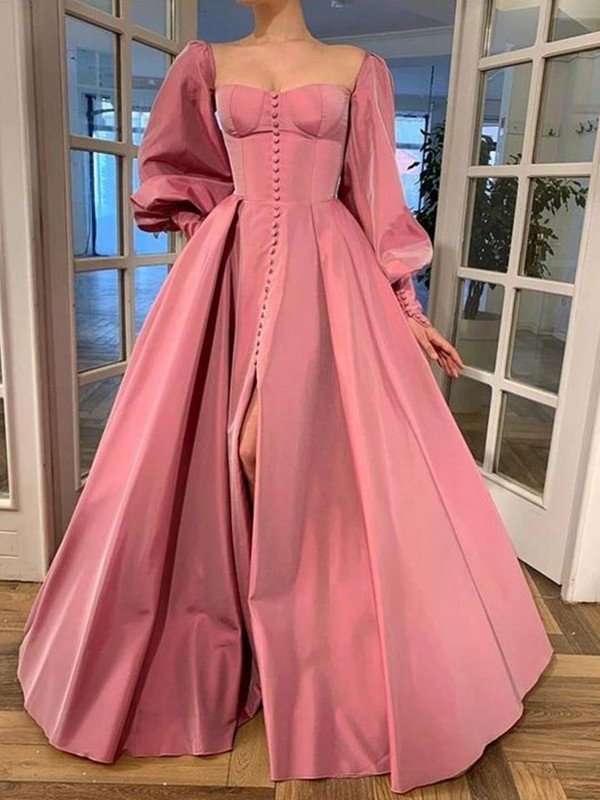 Ruffles Long A-Line/Princess Sleeves Square Satin Floor-Length Dresses