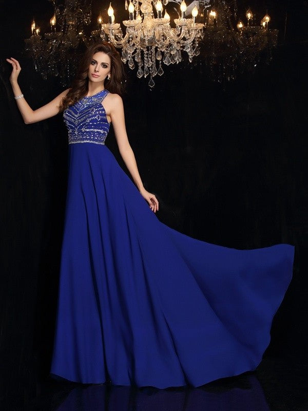 High Sleeveless A-Line/Princess Beading Neck Long Chiffon Dresses