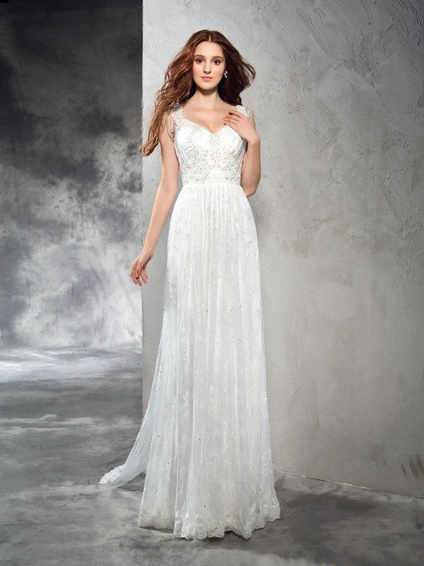 A-Line/Princess Straps Sleeveless Long Lace Lace Wedding Dresses