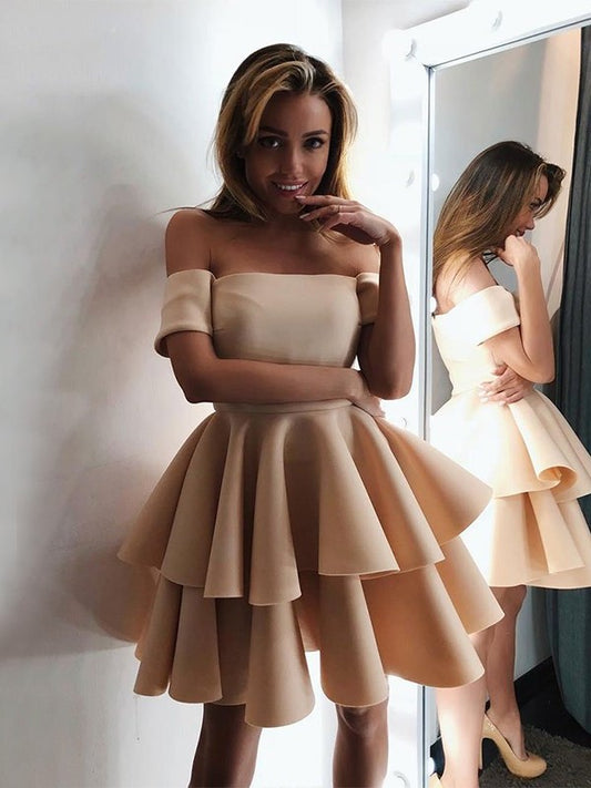 A-Line/Princess Off-the-Shoulder Satin Sleeveless Layers Short/Mini Homecoming Dresses