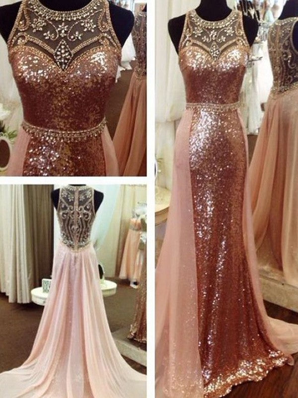 Scoop Beading A-Line/Princess Sleeveless Sequins Sweep/Brush Train Dresses