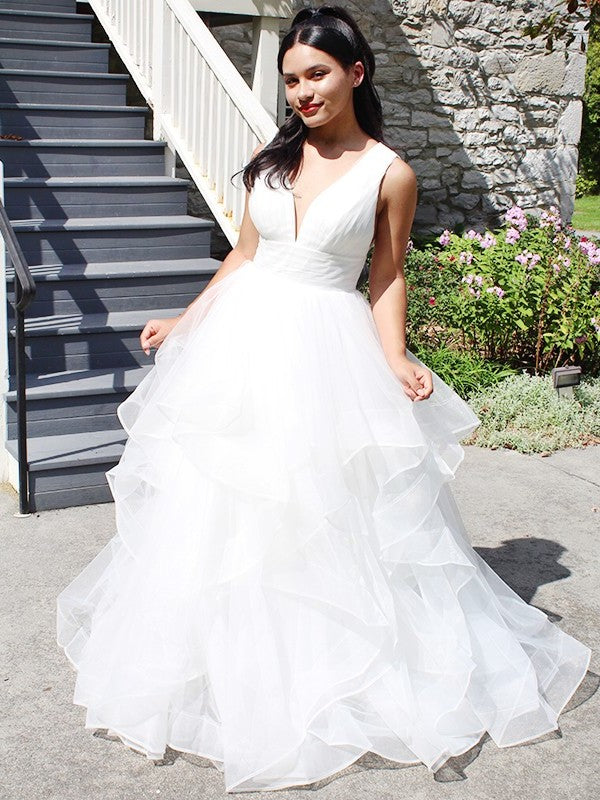 Sleeveless Ball V-neck Gown Ruffles Organza Floor-Length Wedding Dresses