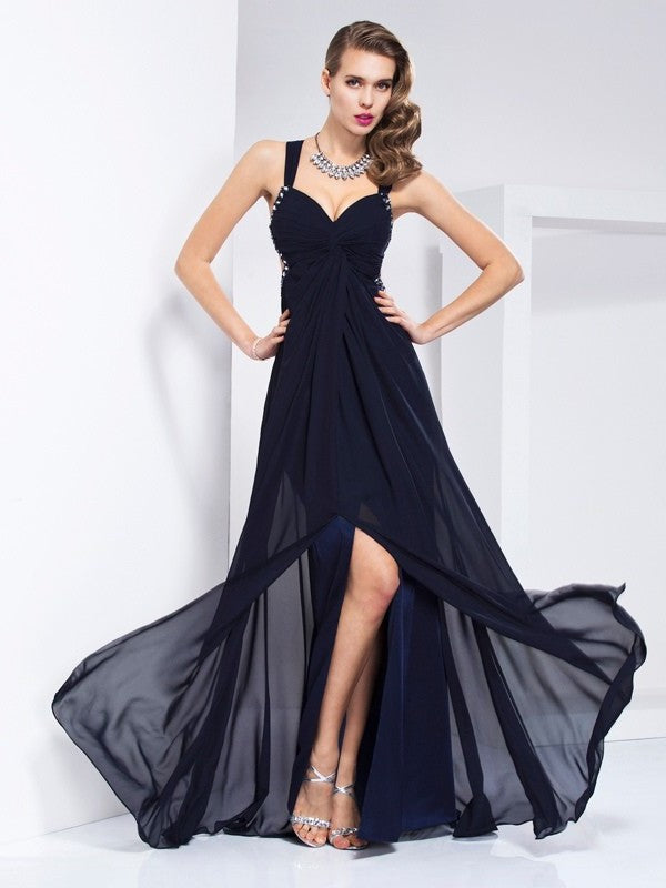 A-Line/Princess V-neck Ruffles Sleeveless Long Chiffon Dresses