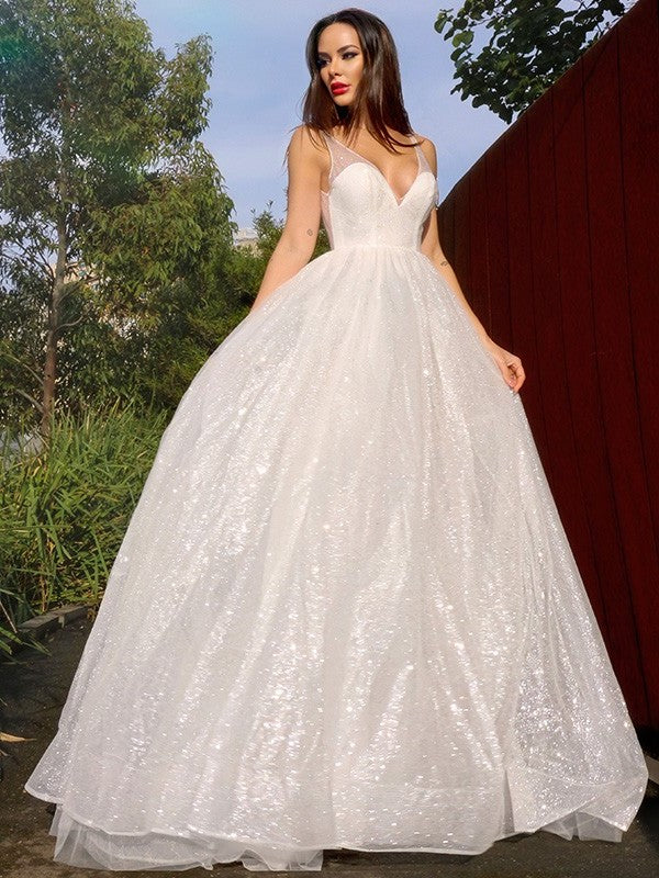 A-Line/Princess Tulle Sequin V-neck Sleeveless Sweep/Brush Train Dresses