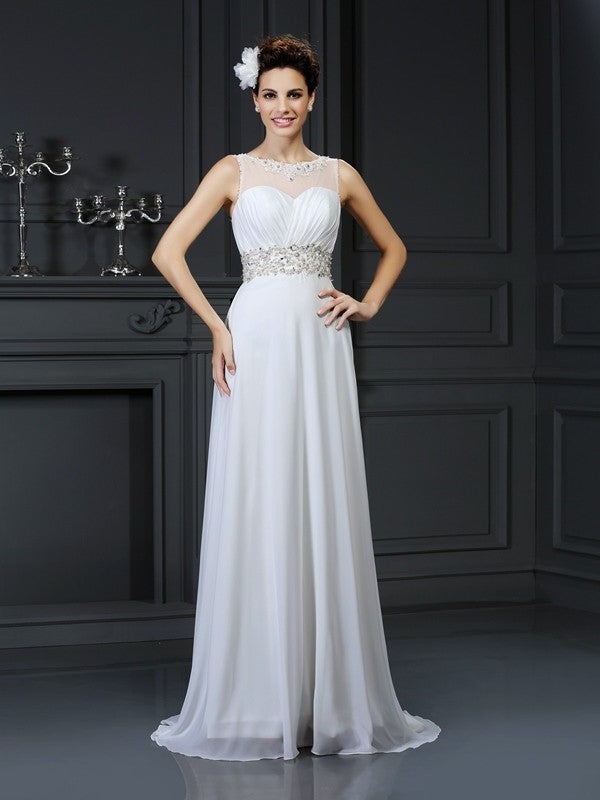 Ruffles Sleeveless Bateau A-Line/Princess Long Chiffon Wedding Dresses