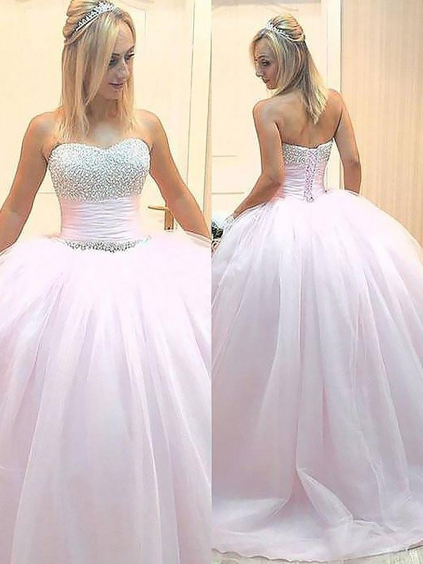 Ball Sleeveless Beading Sweetheart Gown Floor-Length Tulle Dresses