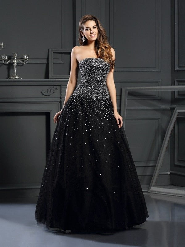 Long Gown Ball Sleeveless Beading Strapless Satin Quinceanera Dresses