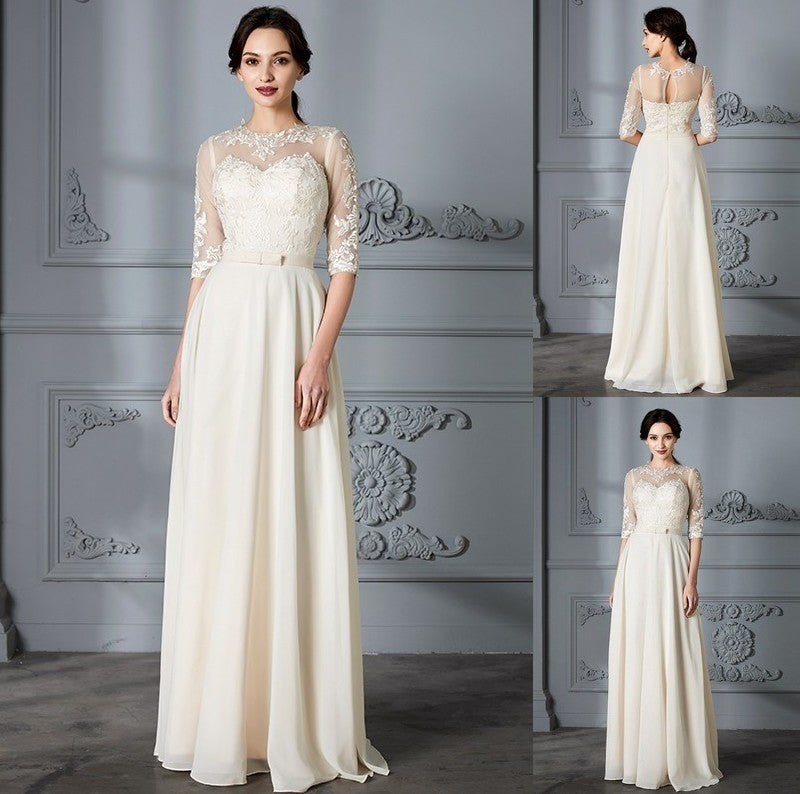 Scoop A-Line/Princess 1/2 Sleeves Floor-Length Chiffon Wedding Dresses