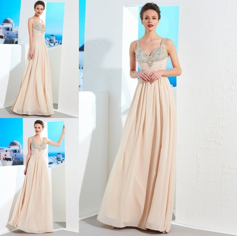 Straps Spaghetti A-Line/Princess Beading Floor-Length Chiffon Dresses