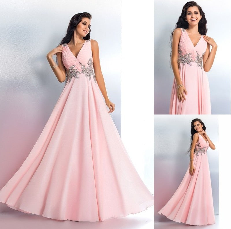 A-Line/Princess Beading V-neck Sleeveless Long Chiffon Dresses