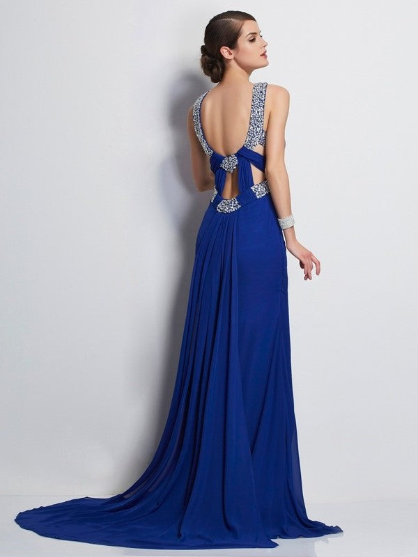 Neck High Beading Sleeveless Sheath/Column Long Chiffon Dresses