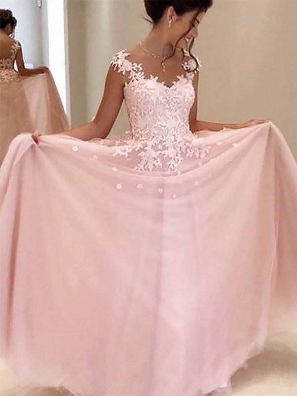 Floor-Length Sleeveless A-Line/Princess Sweetheart Applique Tulle Dresses