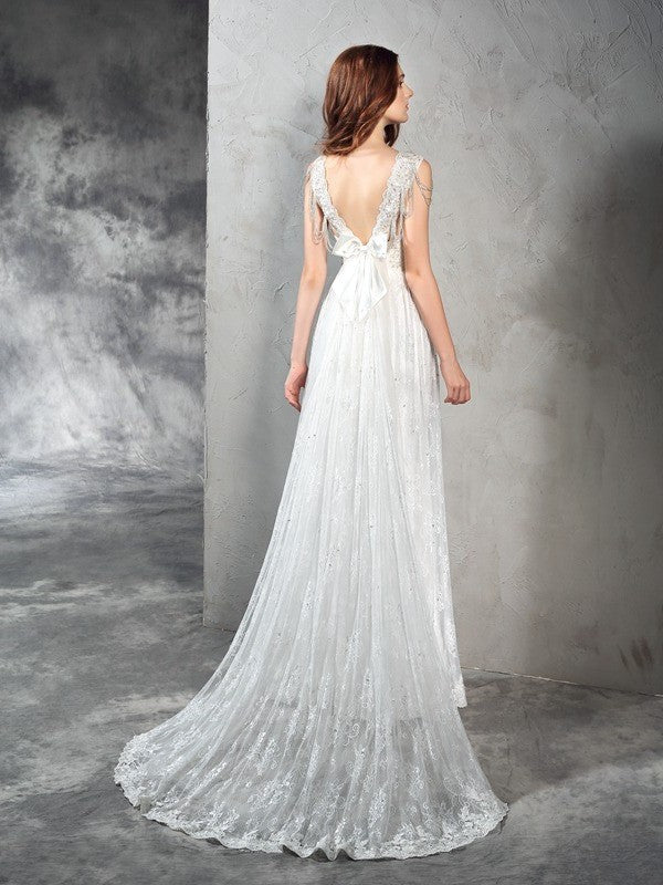 A-Line/Princess Straps Sleeveless Long Lace Lace Wedding Dresses