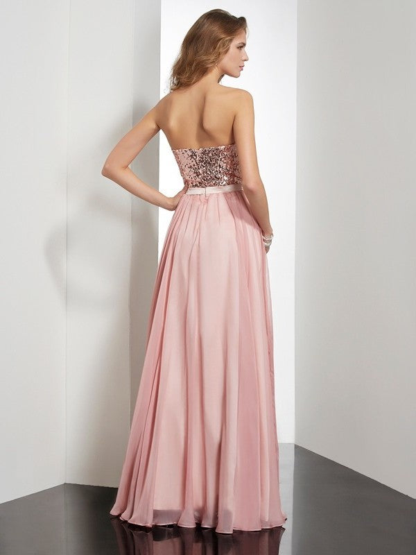 A-Line/Princess Paillette Sleeveless Strapless Long Chiffon Dresses