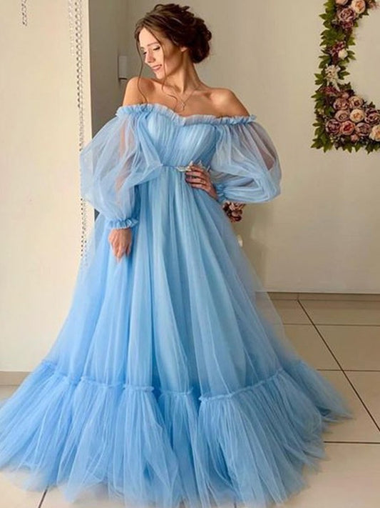 Applique A-Line/Princess Long Off-the-Shoulder Tulle Sleeves Floor-Length Dresses